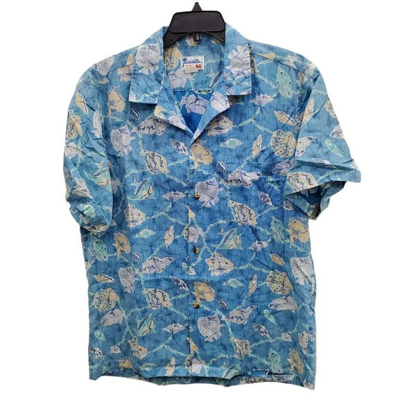 Hawaii Men's Vintage Blue Pastel Sea Ocean Print Button‎ Up Shirt USA Made Sz XL - Picture 1 of 4